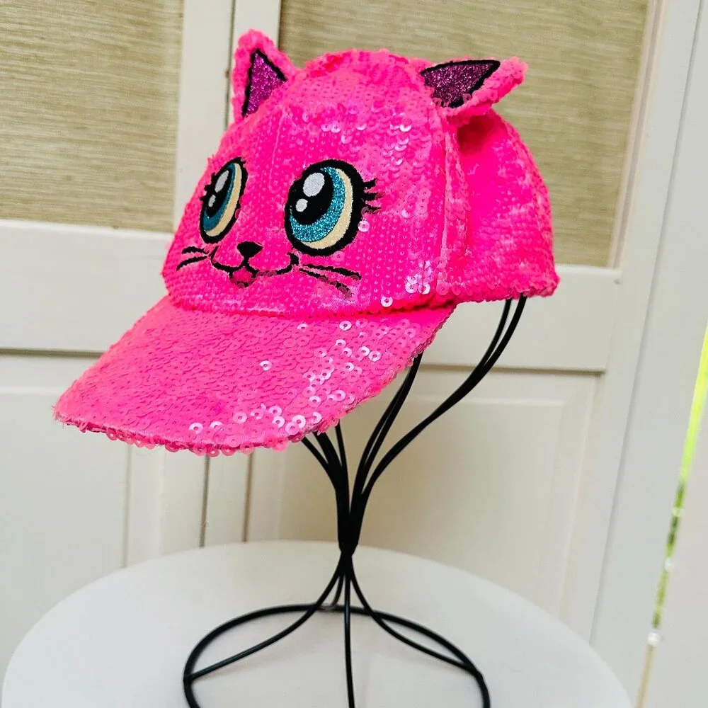 Justice Pink Sequin Kitty Cat Ear Baseball Cap Blue Eyes Adjustable Hat